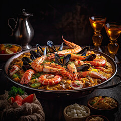 Fototapeta na wymiar Gastronomic picture of a plate of paella marinera. Typical Spanish dish.
