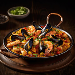 Gastronomic picture of a plate of paella marinera. Typical Spanish dish.