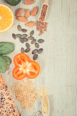 Fresh healthy eating as source various vitamins or minerals. Hair in good condition. Place for inscription on board