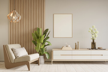 Home interior with sideboard and decor on white wall background. Wall mockup, 3d render