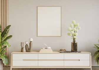 Obraz na płótnie Canvas Home interior with sideboard and decor on white wall background. Wall mockup, 3d render