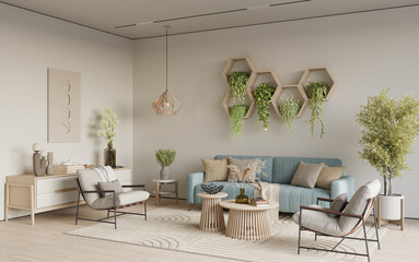 Home interior with cozy sofa and hexagon shelves on white wall background, 3d render