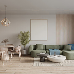 Home interior mock-up with cozy sofa on white wall background, 3d render