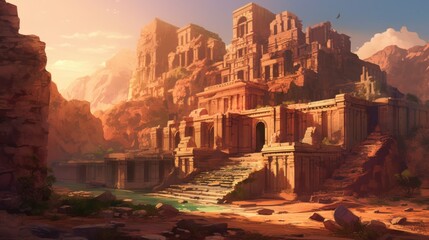 Ancient city buried deep within a desert or underwater realm. Depict its crumbling architecture, intricate statues, and the sense of wonder and mystery that surrounds this forgotten civilization