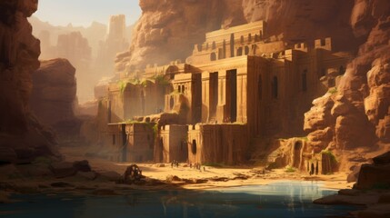 Ancient city buried deep within a desert or underwater realm. Depict its crumbling architecture, intricate statues, and the sense of wonder and mystery that surrounds this forgotten civilization