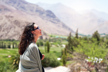portrait adult woman latin american tourist in Paihuano of Elqui Valley