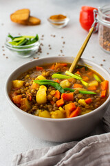 Healthy vegetarian lunches, brown lentil soup with tomatoes and carrots, green onions, potatoes and curry spices, toasted croutons, top view