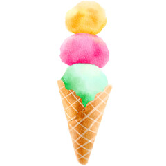 hand drawn watercolor illustration, Three scoop colorful ice-cream in a waffle cone  isolated on white background,PNG