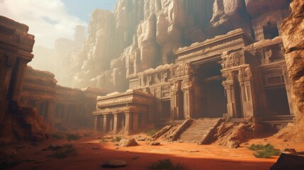 Ancient city buried deep within a desert or underwater realm. Depict its crumbling architecture, intricate statues, and the sense of wonder and mystery that surrounds this forgotten civilization