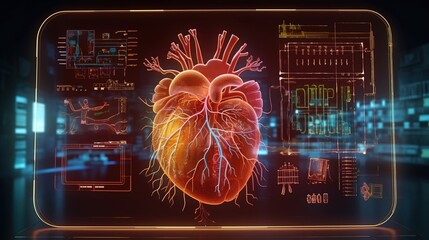 A human heart with the visual notes representations,scientific type of the background. Created with Generative Ai technology.