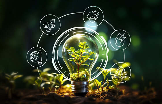 Natural Climate Solutions Concept: Taking Action to Combat Greenhouse Gas Emissions and Enhance Carbon Storage in Forests Sustainable energy with bulb and icons.