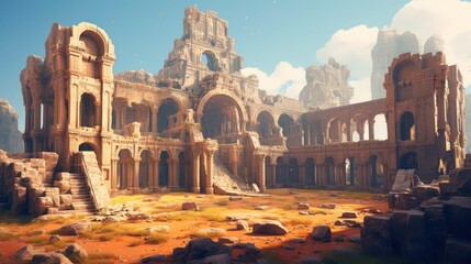 Fototapeta premium Ancient city buried deep within a desert or underwater realm. Depict its crumbling architecture, intricate statues, and the sense of wonder and mystery that surrounds this forgotten civilization