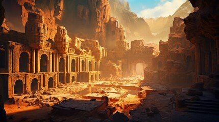 Ancient city buried deep within a desert or underwater realm. Depict its crumbling architecture, intricate statues, and the sense of wonder and mystery that surrounds this forgotten civilization