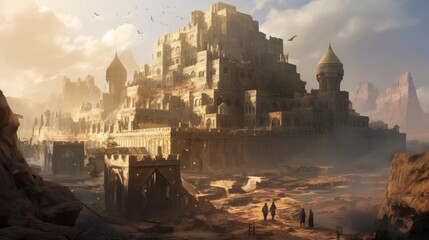 Naklejka premium Ancient city buried deep within a desert or underwater realm. Depict its crumbling architecture, intricate statues, and the sense of wonder and mystery that surrounds this forgotten civilization
