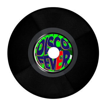 Vintage Black Vinyl Record with disco fever type, Isolated on white Background. Vector Illustration.