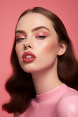 Fototapeta premium Beauty portrait of a beautiful girl with flawless makeup on pink background