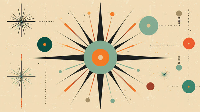 Vintage Atomic Mid Century Modern Art Print - Blue, Orange, Green, Black and Red on Beige Background - Generative AI