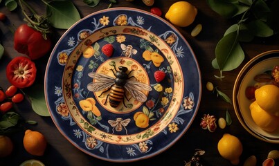  a plate with a bee painted on it surrounded by fruit and flowers and a plate with a bee on it, surrounded by oranges, lemons, tomatoes, tomatoes, and leaves.  generative ai