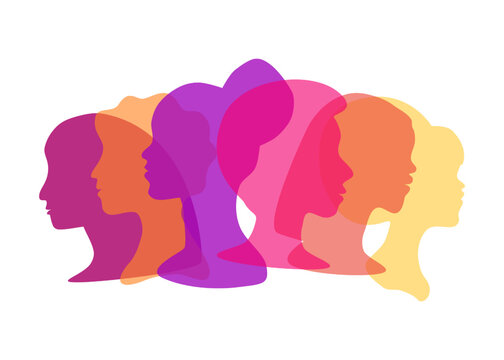 multicolored famale head silhouette. The concept of equality, international womens, activism, feminism, inclusive. Modern feminist vector illustration different womens portaint isolated.
