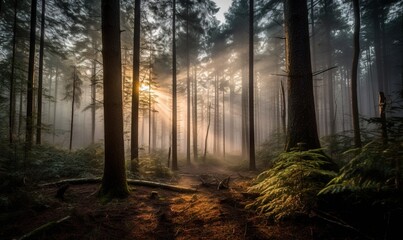  the sun is shining through the fog in the forest with tall trees and a trail in the foreground with a trail marker in the foreground.  generative ai
