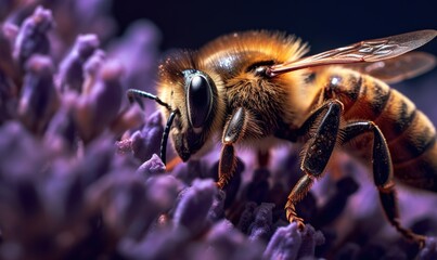  a close up of a bee on a purple flower with a black background and a yellow and black stripe on the back of its head.  generative ai
