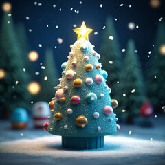 3d illustration, a cute small Christmas tree, 3d blender render,  winter background, Christmas background, Ai generated art illustration.