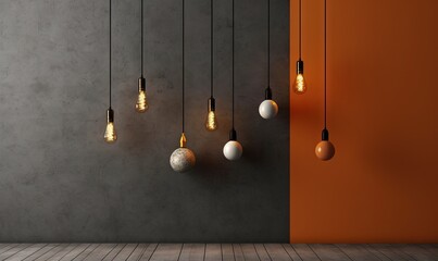  a group of light bulbs hanging from a ceiling in a room with a concrete wall and flooring and a wooden floor in front of it.  generative ai