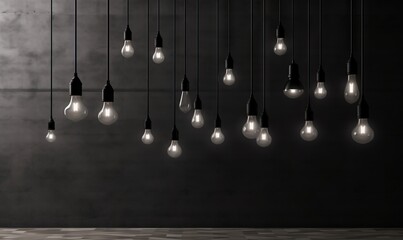  a bunch of light bulbs hanging from a ceiling in a dark room with a wall in the background and a tiled floor in the foreground.  generative ai
