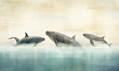  three dolphins swimming in the ocean with a beige sky in the back ground and a blue sky in the back ground and a light blue sky in the background.  generative ai