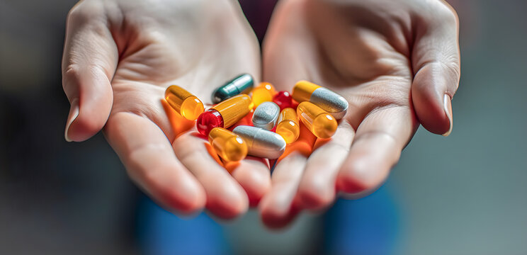 Hands of a woman with pills, capsules, vitamins, antidepressants or medicines. Generaative ai.