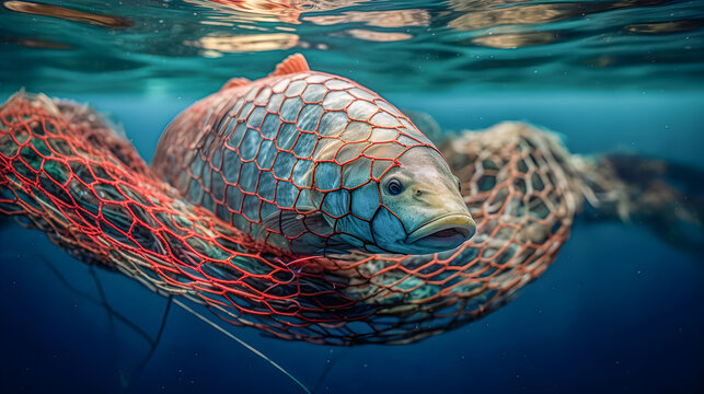 Fish caught in a fishing net. Underwater photo. Sustainable fishing and environment. Generative ai.