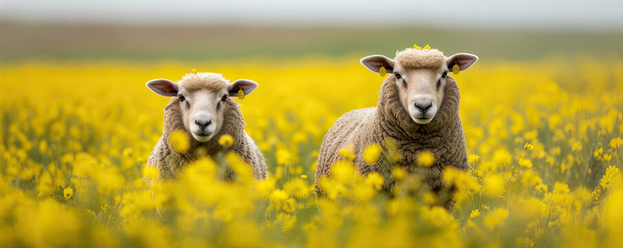 Two sheep in the meadow full of yellow flowers. Space for description. generative ai