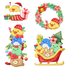Christmas wreath and animal character with green branches, berries, gold bell, ball, leaf and gift box.