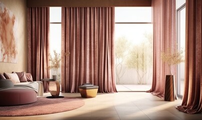  a living room filled with furniture and a large window covered in pink drapes and drapes on top of a window sill with a painting on the wall behind it.  generative ai