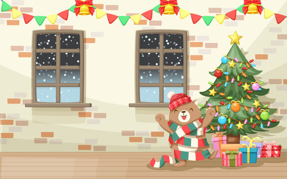 Christmas Scene Theme The bear wears a hat and has a scarf, a Christmas tree and gift boxes.