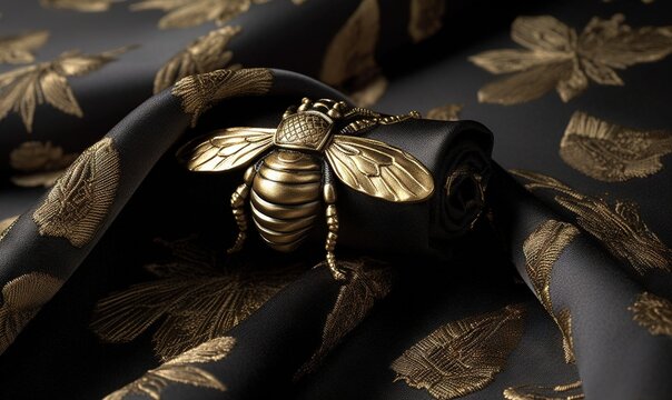  a gold bee on a black background with gold leafy designs on it's side and a chain hanging from the end of the neck.  generative ai
