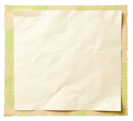 Paper. A yellow, crumpled sheet of paper lies on a green paper. Isolated on transparent background. KI.