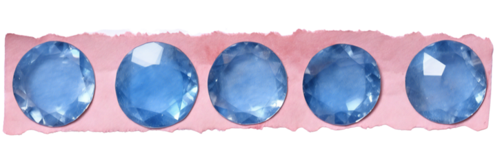 A torn, pink strip of paper with round blue crystals. Isolated on transparent background. KI.