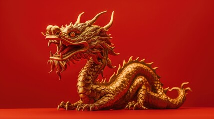 Chinese gold dragon in smart pose on red background. Genaretive Ai