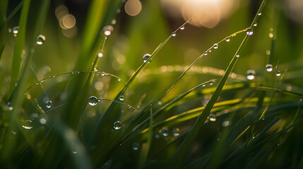 Delicate Pearls: Water Droplets Nestled on Lush Green Grass, Macro Shot Capturing Ephemeral Beauty