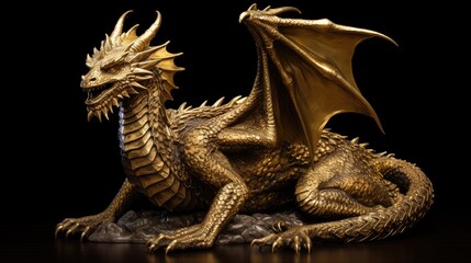 Gold dragon in smart pose on black background. Genaretive Ai