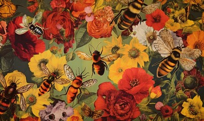  a bunch of bees and flowers on a green background with red, yellow, and white flowers and a blue background with red, yellow, yellow, and white, and black, and red flowers.  generative ai