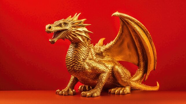 Gold dragon in smart pose on red background. Genaretive Ai
