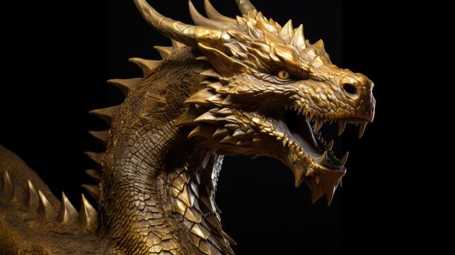 Gold dragon in smart pose on black background. Genaretive Ai