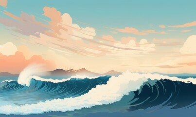  a painting of a wave in the ocean at sunset or sunrise with clouds in the sky and mountains in the distance with a pink and blue sky.  generative ai