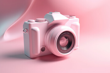 Cute camera ui icon, pink frosted glass plastic style. Simple 3d photo camera on pastel background. Generative AI 3d render illustration imitation.