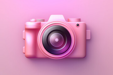 Cute camera ui icon, pink frosted glass plastic style. Simple 3d photo camera on pastel background. Top view. Generative AI 3d rendering illustration imitation.