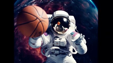 Fototapeta na wymiar an astronaut in space holding a basketball in his hands 