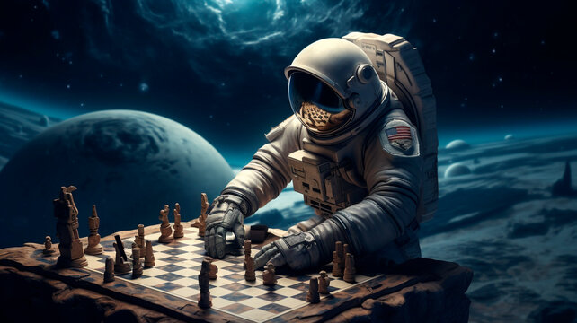 an astronaut in space playing chess , space background
