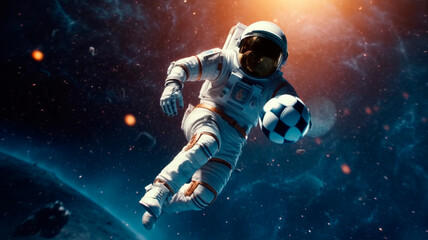 Fototapeta na wymiar an astronaut in space playing football , space background